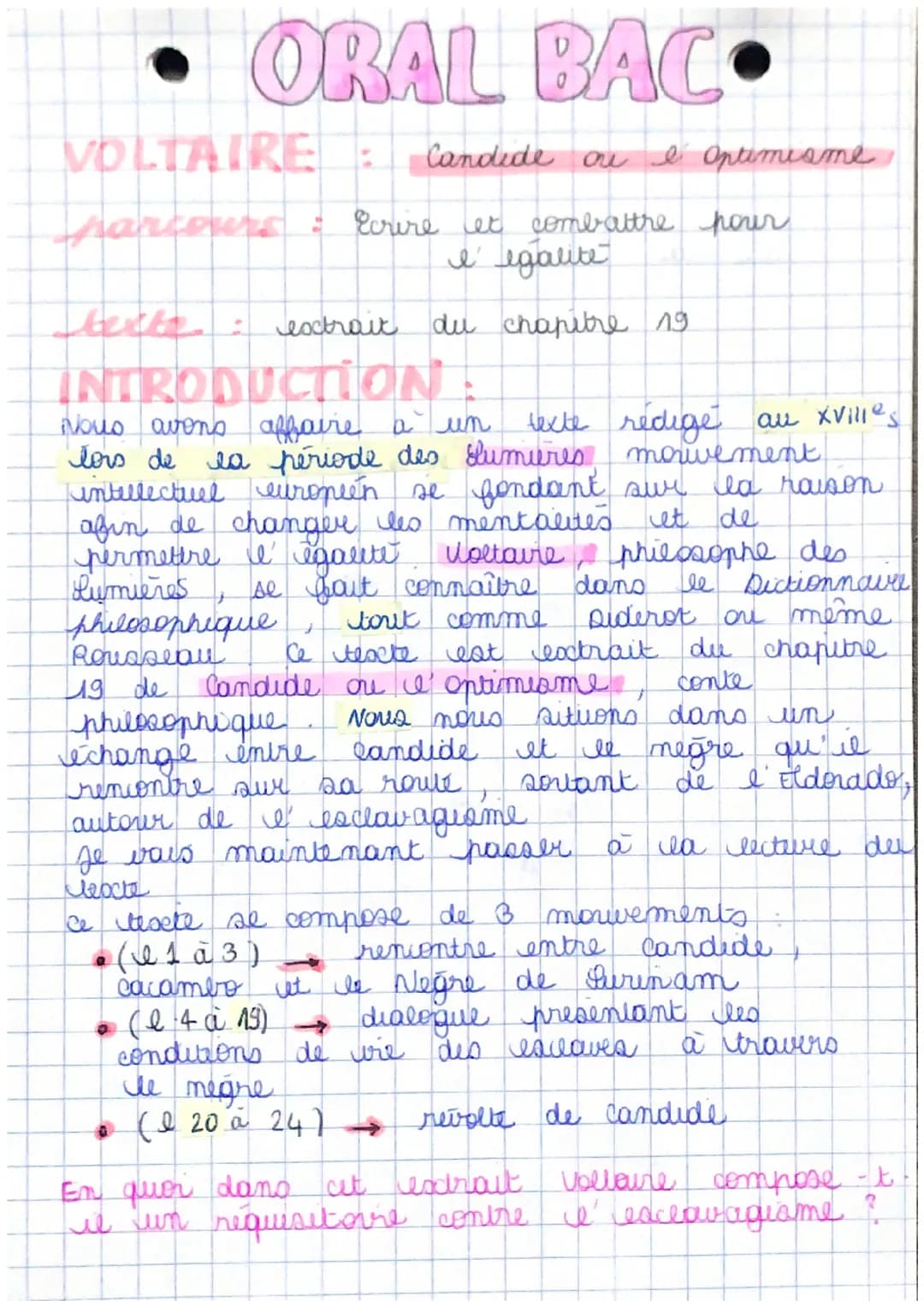 • ORAL BAC
VOLTAIRE
parcours :
tette:
= Ecrire let
extrait
Candide on I Optimisme
combattre pour
INTRODUCTION
Nous avons affaire a un texte 