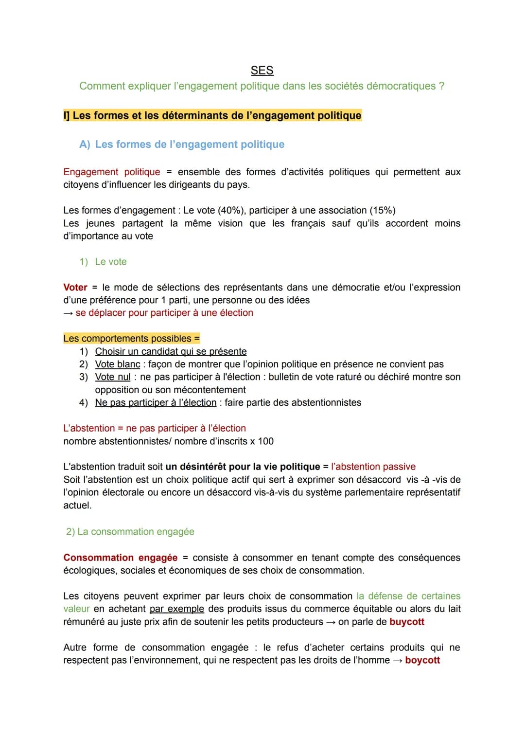 SES
Comment expliquer l'engagement politique dans les sociétés démocratiques ?
I] Les formes et les déterminants de l'engagement politique
A