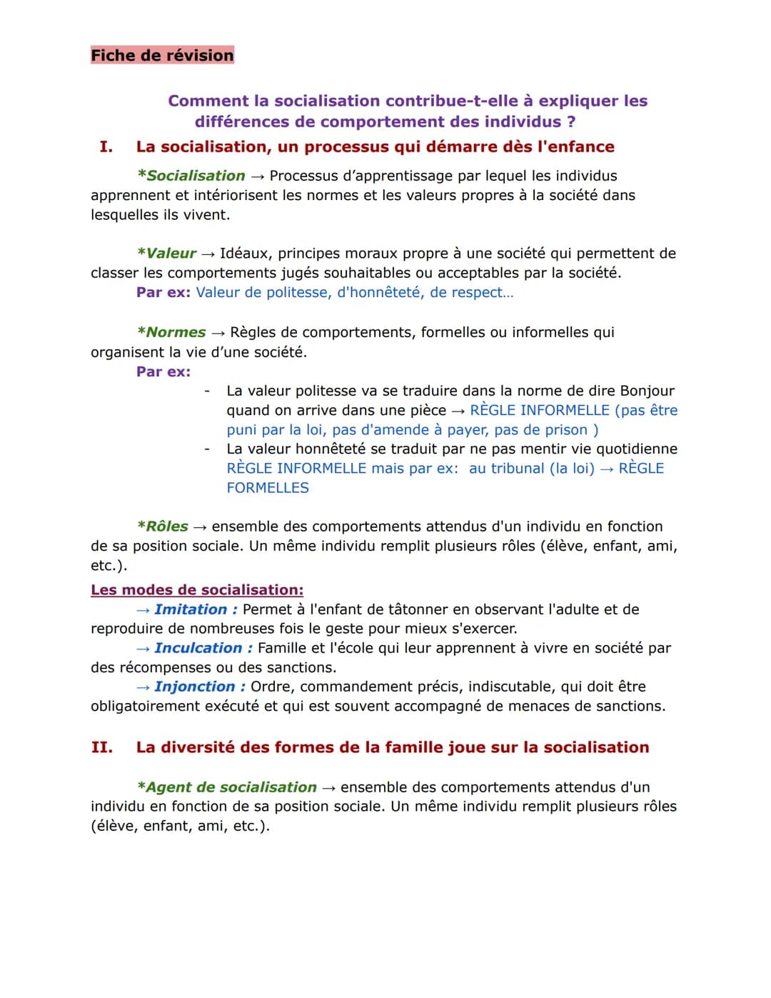Fiche de révision
Comment la socialisation contribue-t-elle à expliquer les
différences de comportement des individus ?
I. La socialisation,