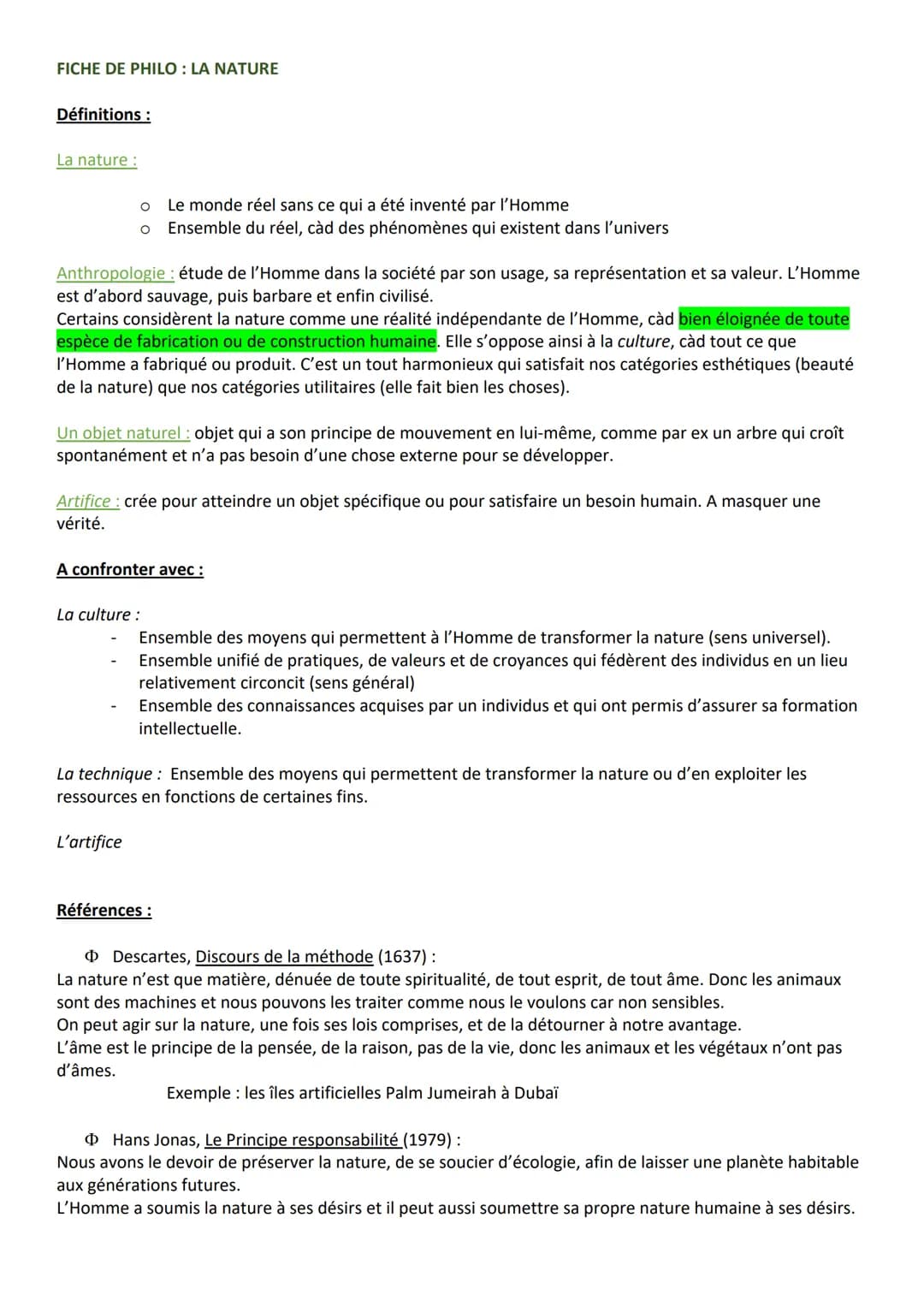 FICHE DE PHILO: LA NATURE
Définitions :
La nature :
O
O
Anthropologie : étude de l'Homme dans la société par son usage, sa représentation et