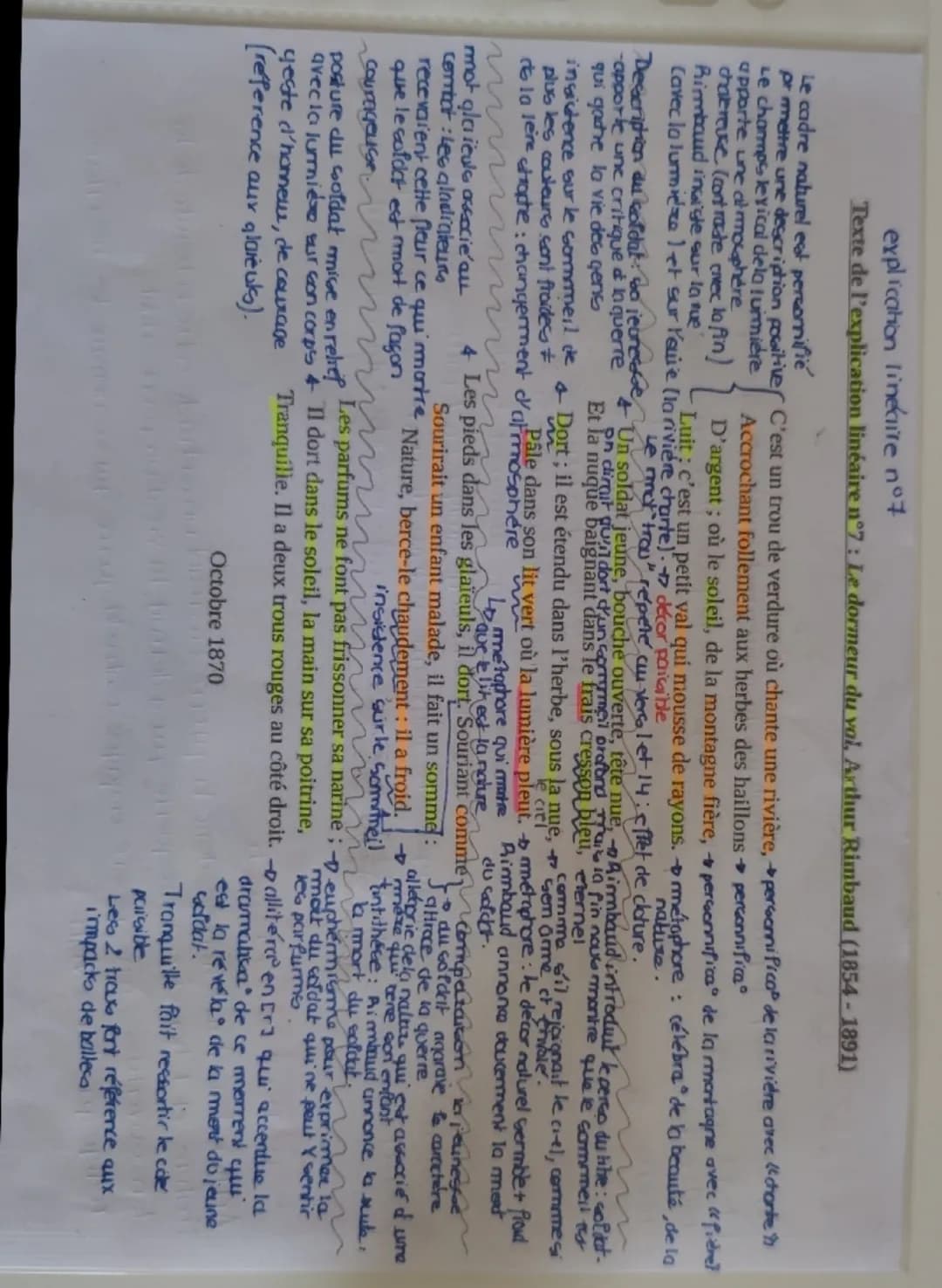 explication lineaire n°7
Texte de l'explication linéaire n°7 : Le dormeur du vol, Arthur Rimbaud (1854-1891)
Le cadre naturel est persomnifi