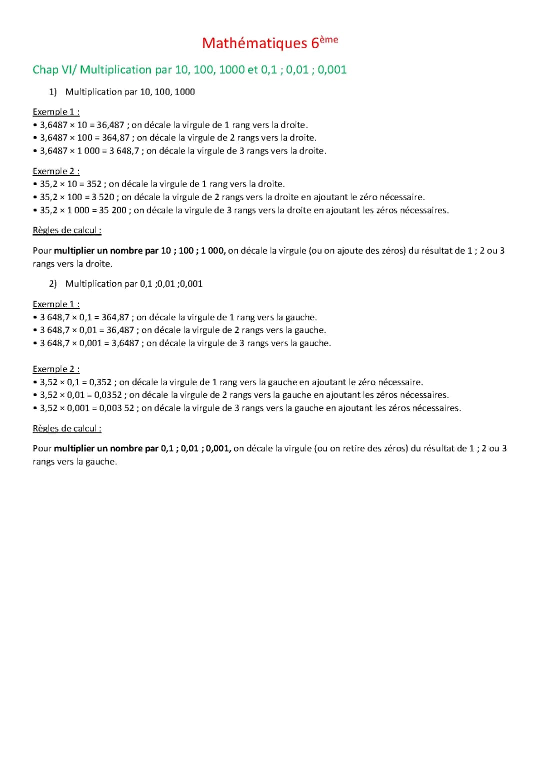 Multiplier et Diviser par 10, 100, 1000 et plus - Exercices PDF pour CE2 à 6ème