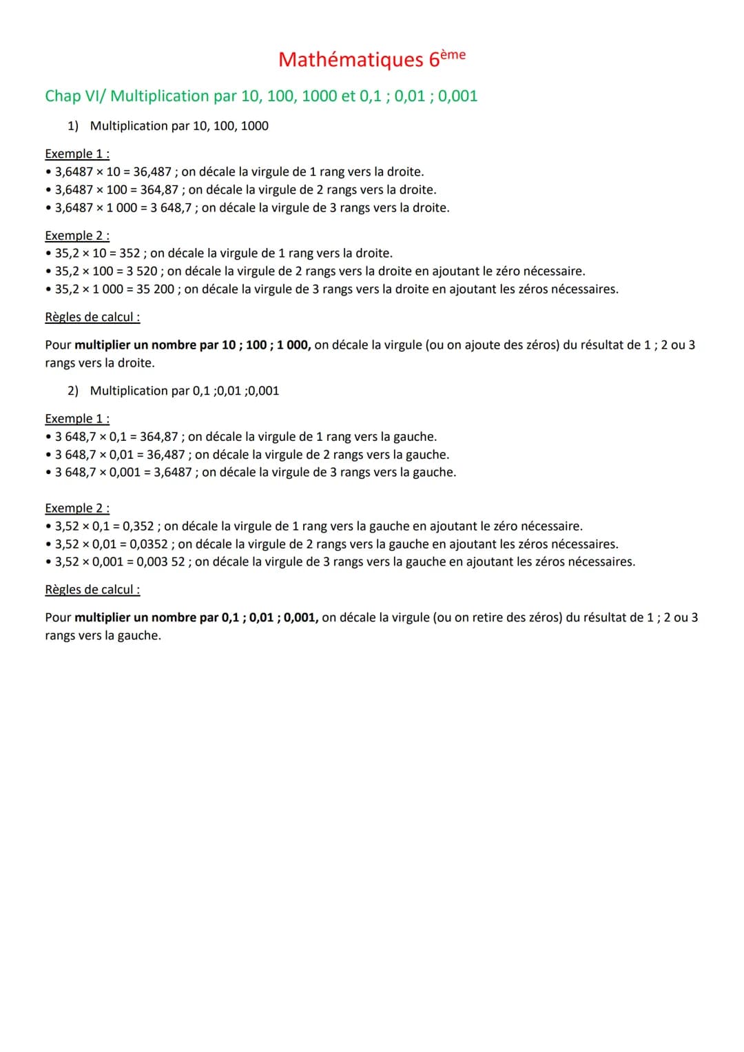 Mathématiques 6ème
Chap VI/ Multiplication par 10, 100, 1000 et 0,1; 0,01; 0,001
1) Multiplication par 10, 100, 1000
Exemple 1:
• 3,6487 x 1