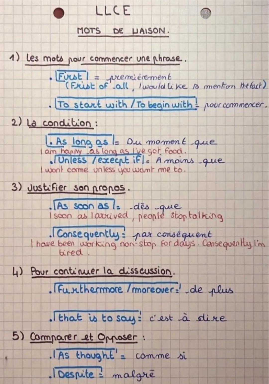 LLCE
MOTS DE MAISON.
1) les mots pour commencer une phrase.
First | = premièrement
"(Frist of all, I would like to mention the fact)
To star