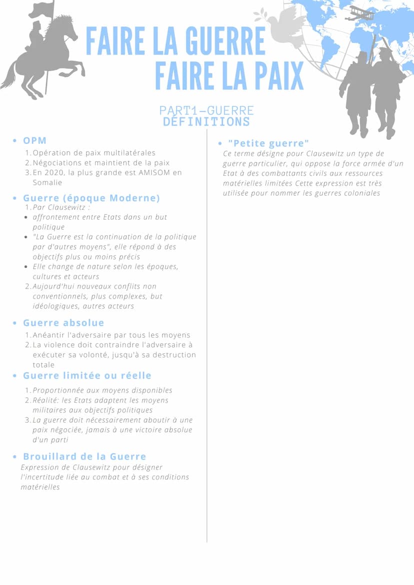 FAIRE LA GUERRE
FAIRE LA PAIX
PART1-GUERRE
DÉFINITIONS
● La Guerre
1. Selon l'historien Bruno Cabanas : fait social
total qui implique la so
