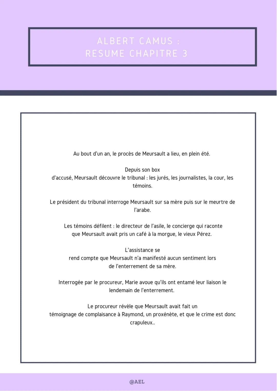 ALBERT CAMUS :
RESUME CHAPITRE 3
Au bout d'un an, le procès de Meursault a lieu, en plein été.
Depuis son box
d'accusé, Meursault découvre l