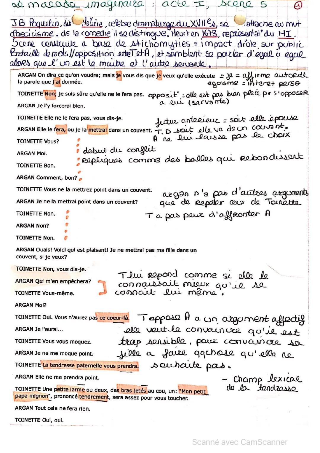 Fiche de Révision Molière: Acte 1 Scène 5 Malade Imaginaire