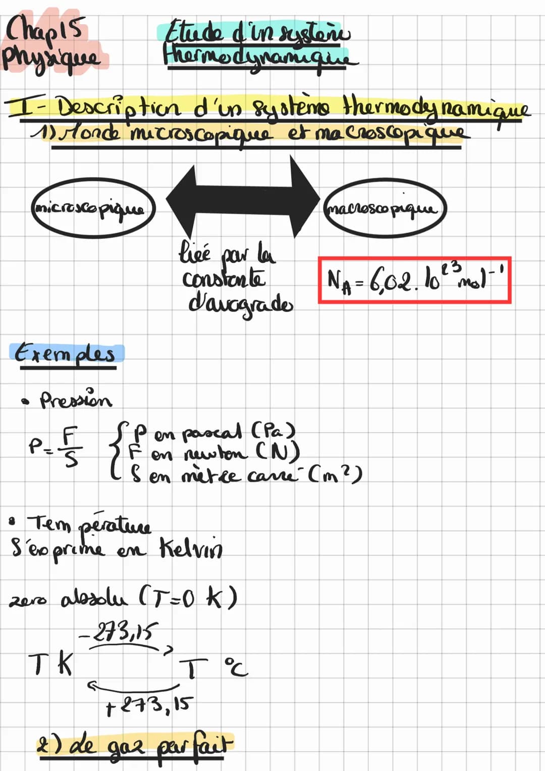Chap 15
physique
I- Description d'un système thermodynamique
1) Monde microscopique et macroscopique
(microscopique
Etude d'un sistem
thermo