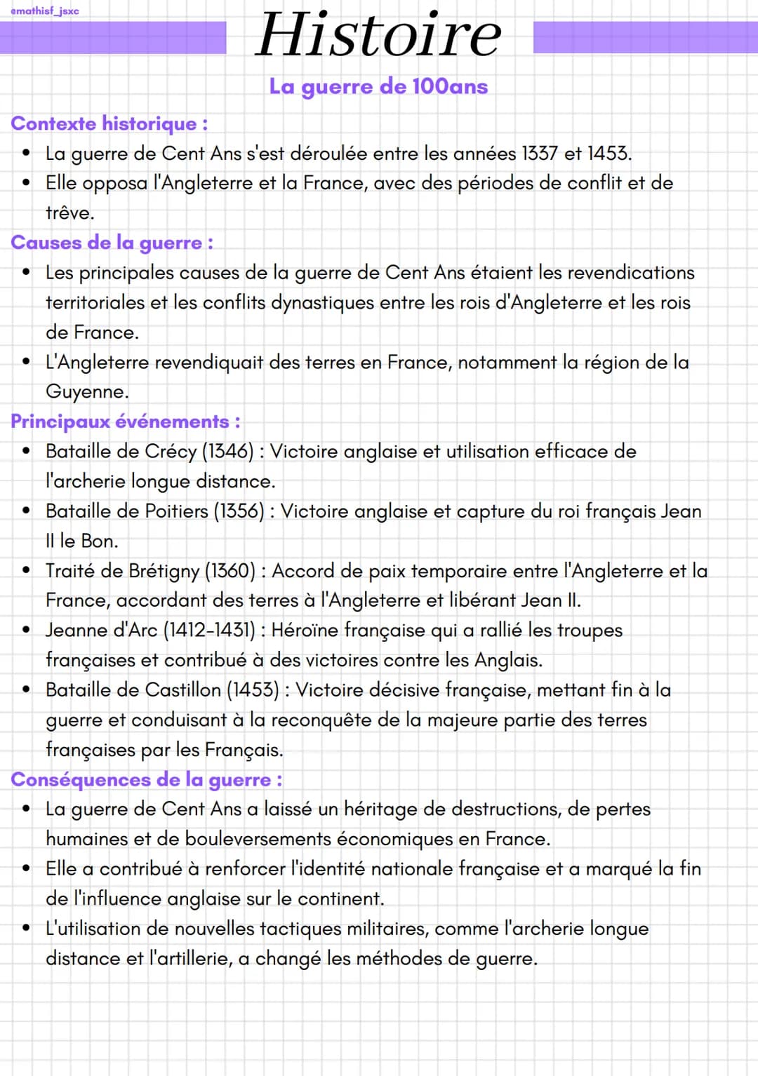 emathisf_jsxc
Histoire
La guerre de 100ans
Contexte historique :
• La guerre de Cent Ans s'est déroulée entre les années 1337 et 1453.
• Ell