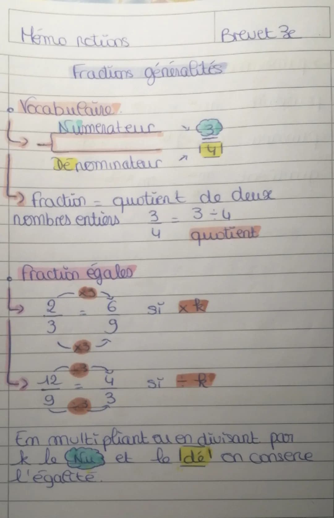 Homo notions
Fradions généralités
•Vocabulaire
Numerateur
Denominateur
7
Brevet e
fraction = quotient de deux
nombres entions
3
4
fraction é