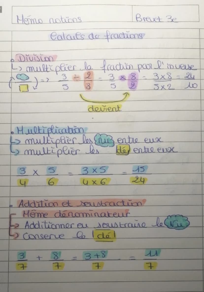Homo notions
Fradions généralités
•Vocabulaire
Numerateur
Denominateur
7
Brevet e
fraction = quotient de deux
nombres entions
3
4
fraction é