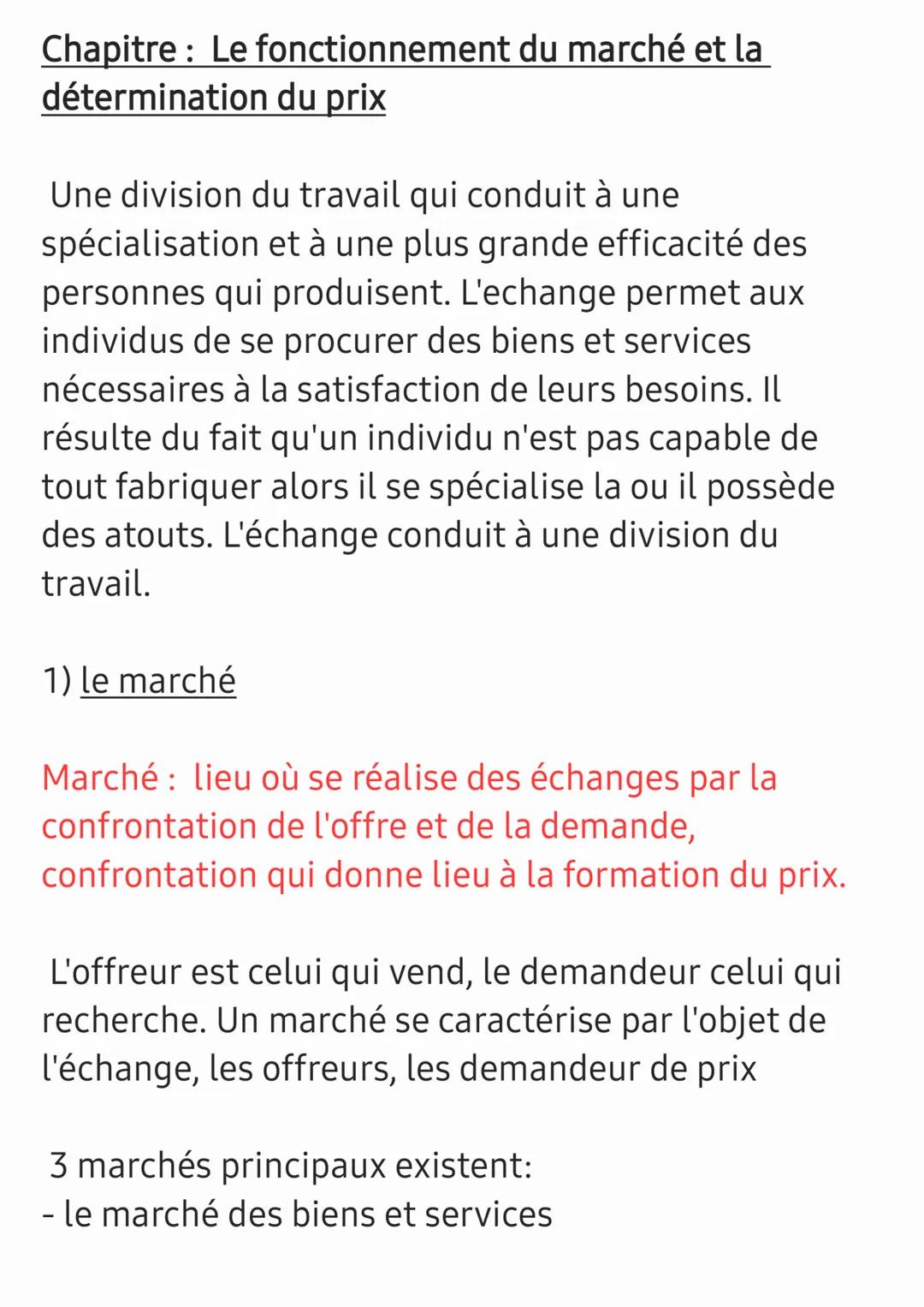 Chapitre : Le fonctionnement du marché et la
détermination du prix
Une division du travail qui conduit à une
spécialisation et à une plus gr