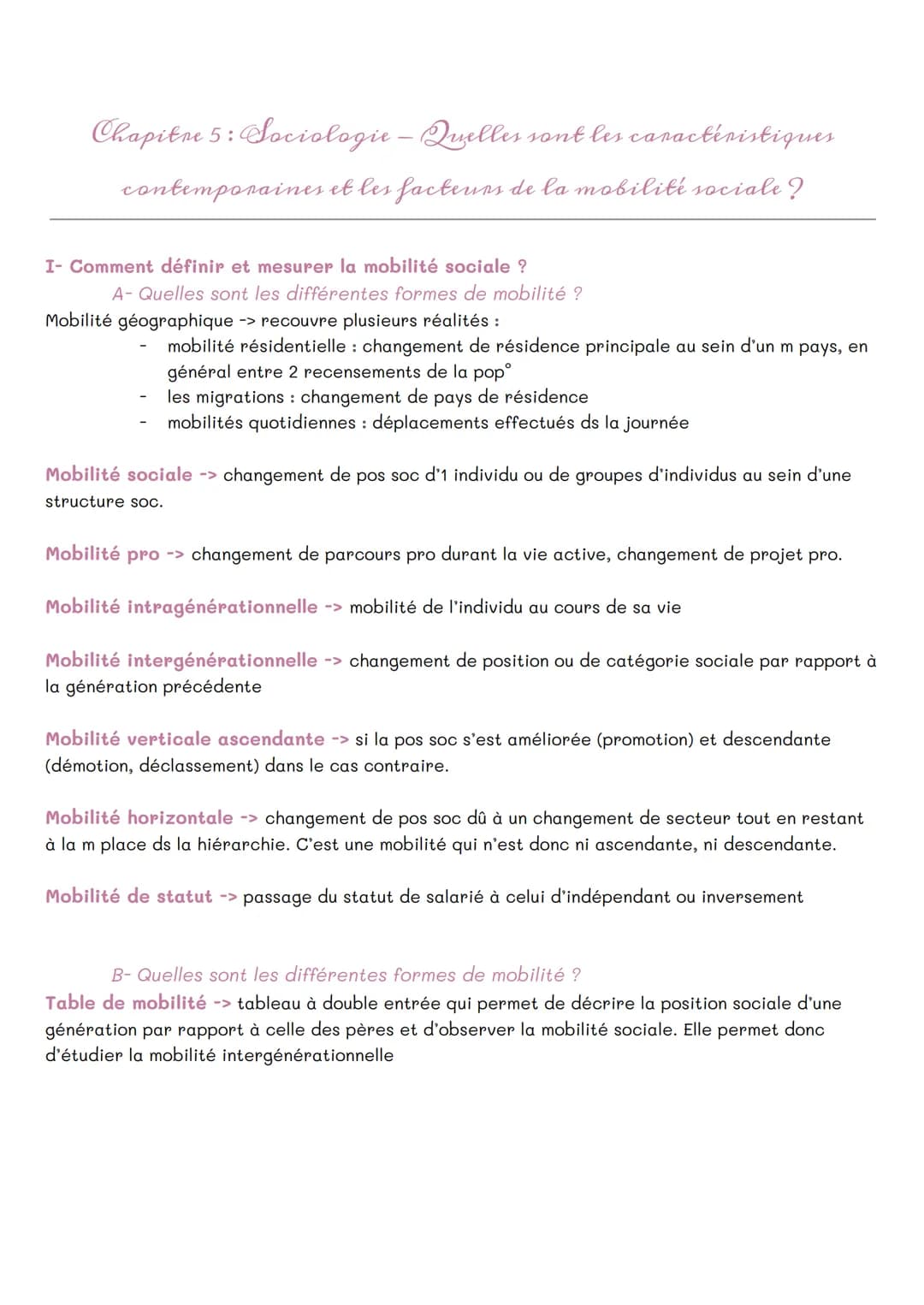 Chapitre 5: Sociologie – Quelles sont les caractéristiques
contemporaines et les facteurs de la mobilité sociale?
I- Comment définir et mesu