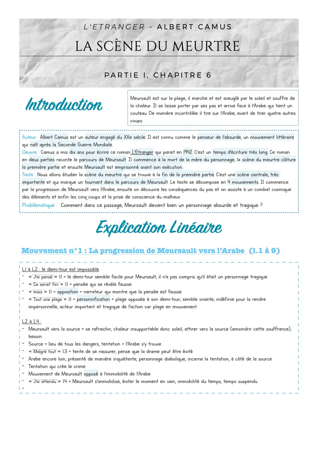 1
L'ETRANGER - ALBERT CAMUS
LA SCÈNE DU MEURTRE
Introduction
1-
1
I
PARTIE I, CHAPITRE 6
Auteur: Albert Camus est un auteur engagé du XXe si