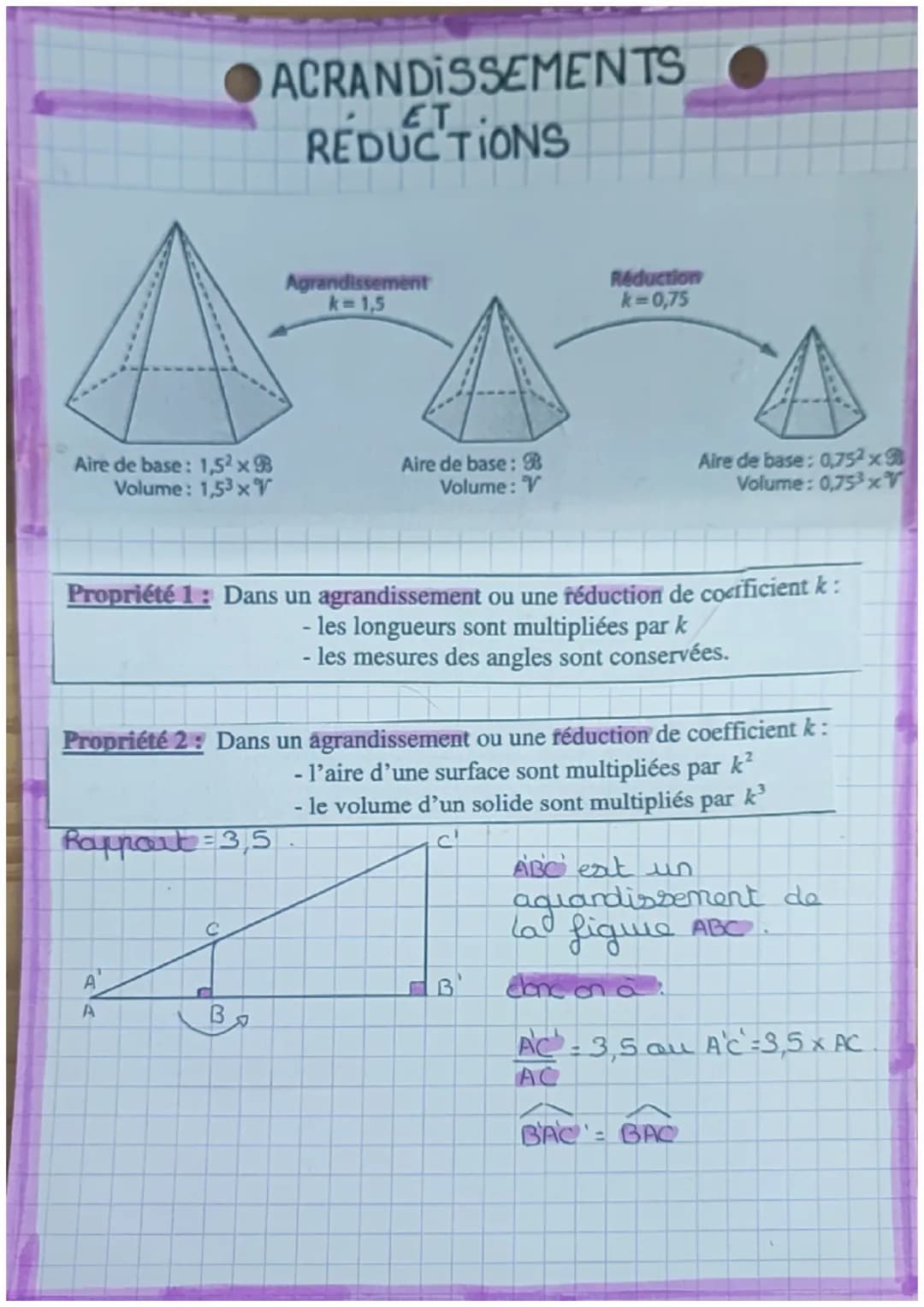 ACRANDISSEMENTS
RÉDUCTIONS
Aire de base: 1,5²x9
Volume: 1,53xV
Agrandissement
k=1,5
Rapport=3,5
A
A
Aire de base: B
Volume: V
Propriété 1: D