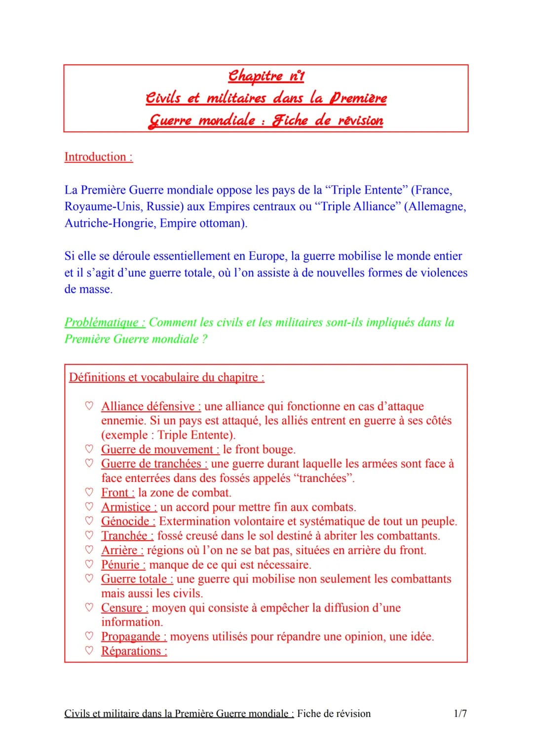Introduction:
Chapitre nºt
Civils et militaires dans la première
Guerre mondiale : Fiche de révision
La Première Guerre mondiale oppose les 