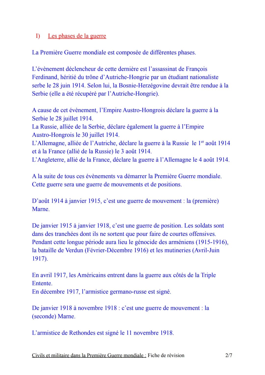 Introduction:
Chapitre nºt
Civils et militaires dans la première
Guerre mondiale : Fiche de révision
La Première Guerre mondiale oppose les 