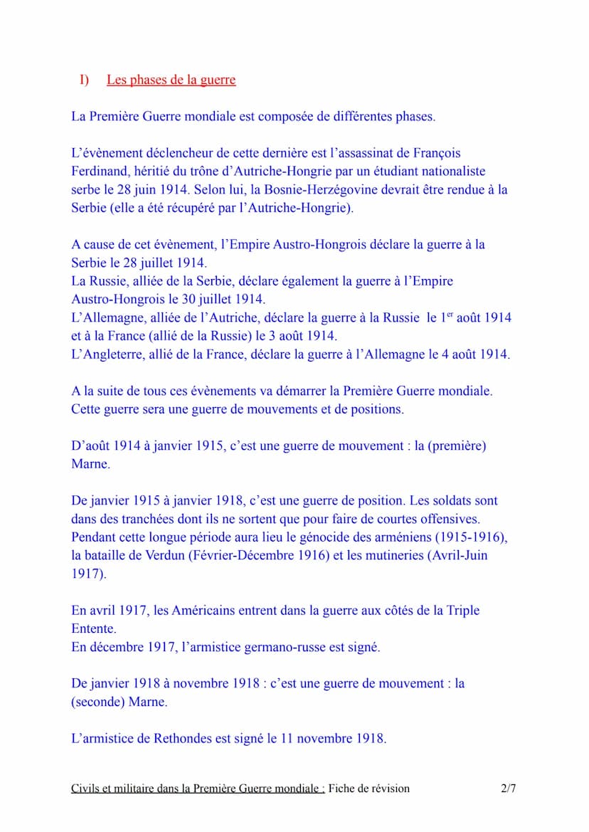 Introduction:
Chapitre nºt
Civils et militaires dans la première
Guerre mondiale : Fiche de révision
La Première Guerre mondiale oppose les 