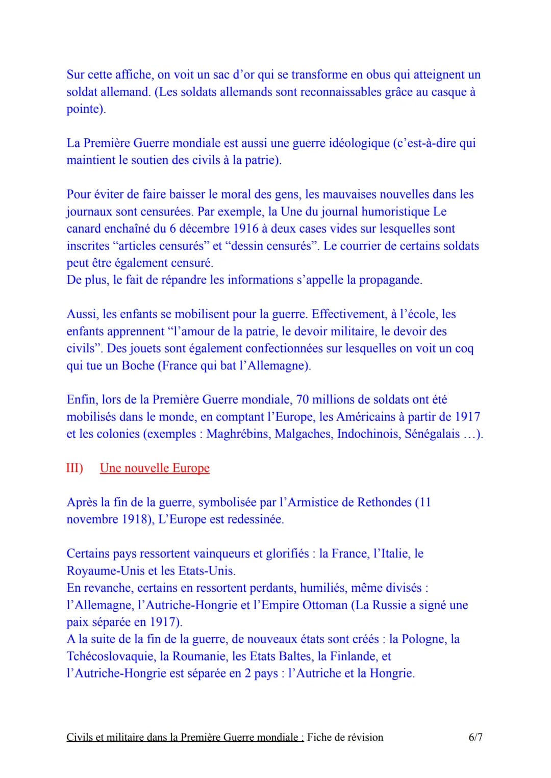 Introduction:
Chapitre nºt
Civils et militaires dans la première
Guerre mondiale : Fiche de révision
La Première Guerre mondiale oppose les 