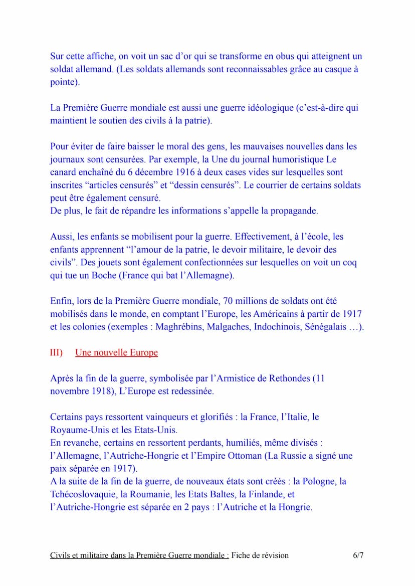 Introduction:
Chapitre nºt
Civils et militaires dans la première
Guerre mondiale : Fiche de révision
La Première Guerre mondiale oppose les 