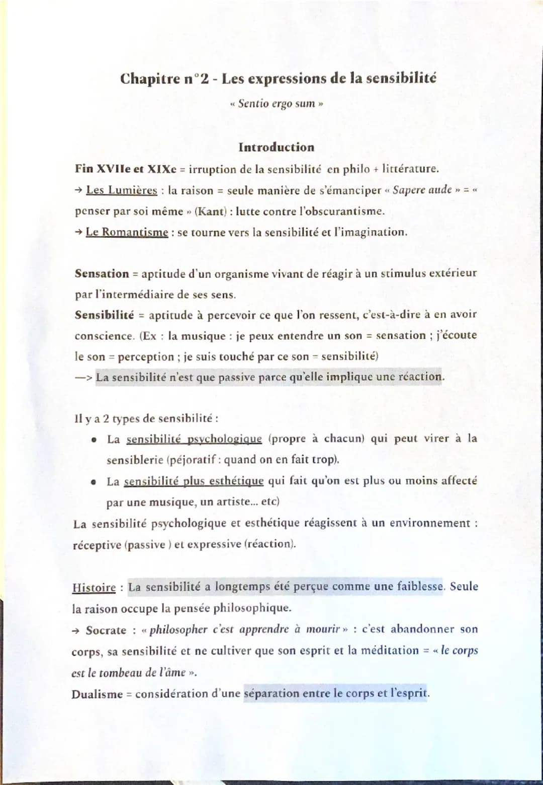 Chapitre n°2 - Les expressions de la sensibilité
"
Sentio ergo sum >>
Introduction
Fin XVIIe et XIXe = irruption de la sensibilité en philo 