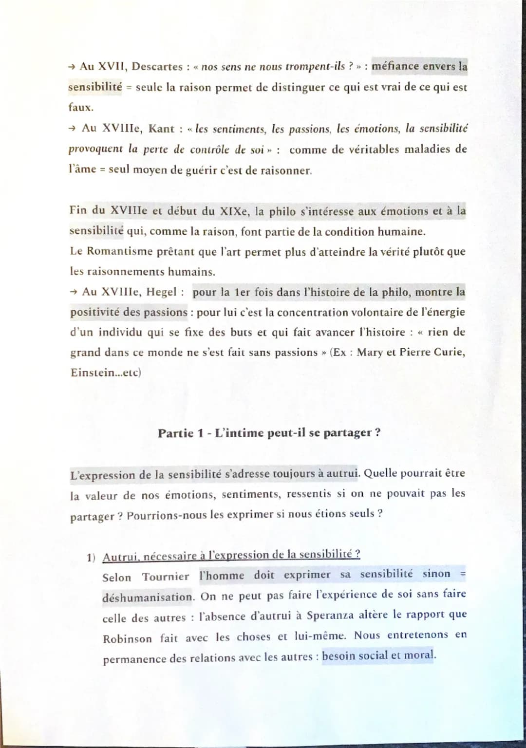Chapitre n°2 - Les expressions de la sensibilité
"
Sentio ergo sum >>
Introduction
Fin XVIIe et XIXe = irruption de la sensibilité en philo 