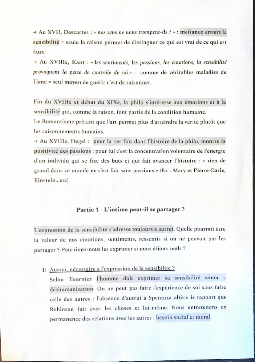 Chapitre n°2 - Les expressions de la sensibilité
"
Sentio ergo sum >>
Introduction
Fin XVIIe et XIXe = irruption de la sensibilité en philo 
