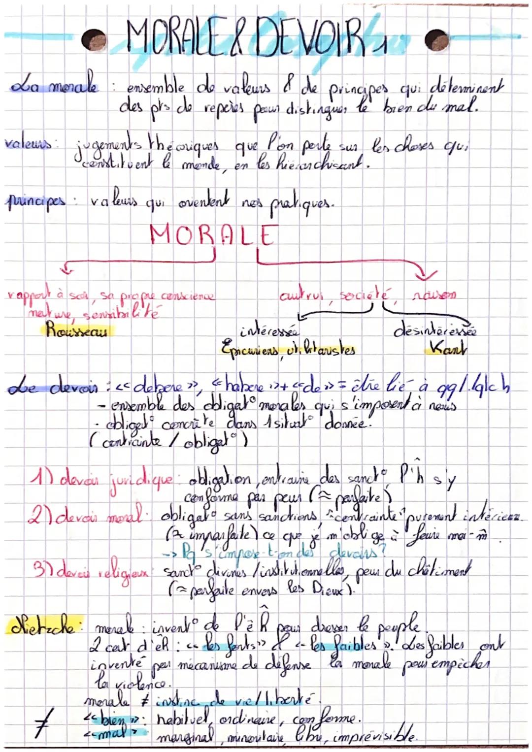 # MORALE & DEVOIR

La morale: ensemble de valeurs & de principes qui déterminent
des prs de reperes pour distinguer le bien du mal.

valeurs