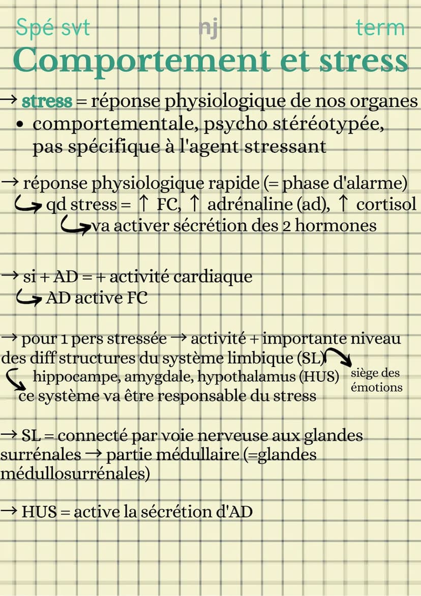Spé syt
term
Comportement et stress
nj
LE STRESS AIGU
stress aigu= réaction de stress ponctuelle et immédiate
Gréponses face aux agents stre