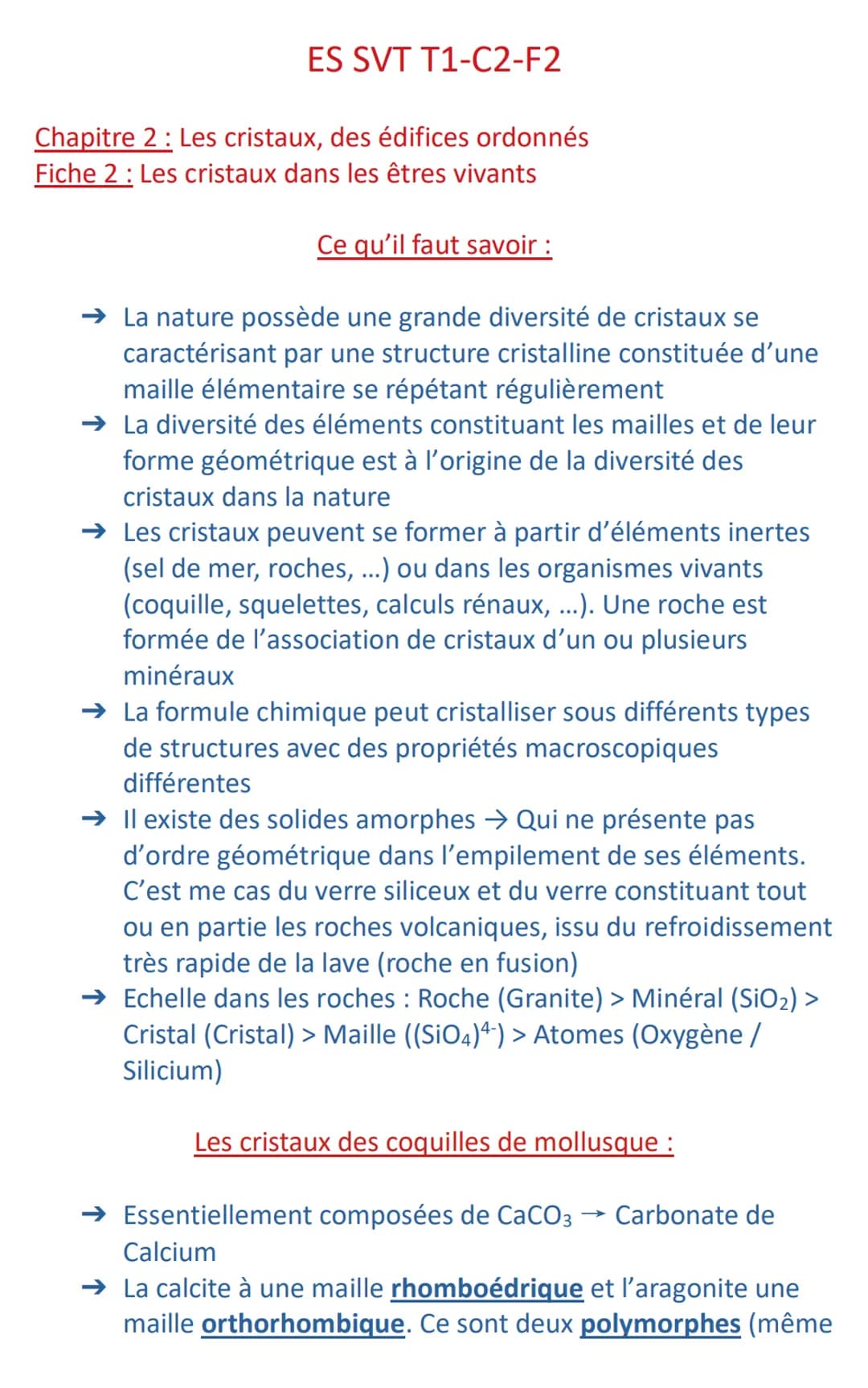 ES SVT T1-C2-F2
Chapitre 2 : Les cristaux, des édifices ordonnés
Fiche 2: Les cristaux dans les êtres vivants
Ce qu'il faut savoir :
→ La na