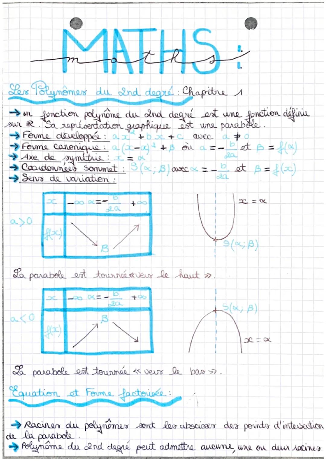 MATHS
Les Polynomes du 2nd degré: Chapitre 1
→in fonction polynome du 2nd degré est une fonction définie
sur iR. Sa représentation graphique