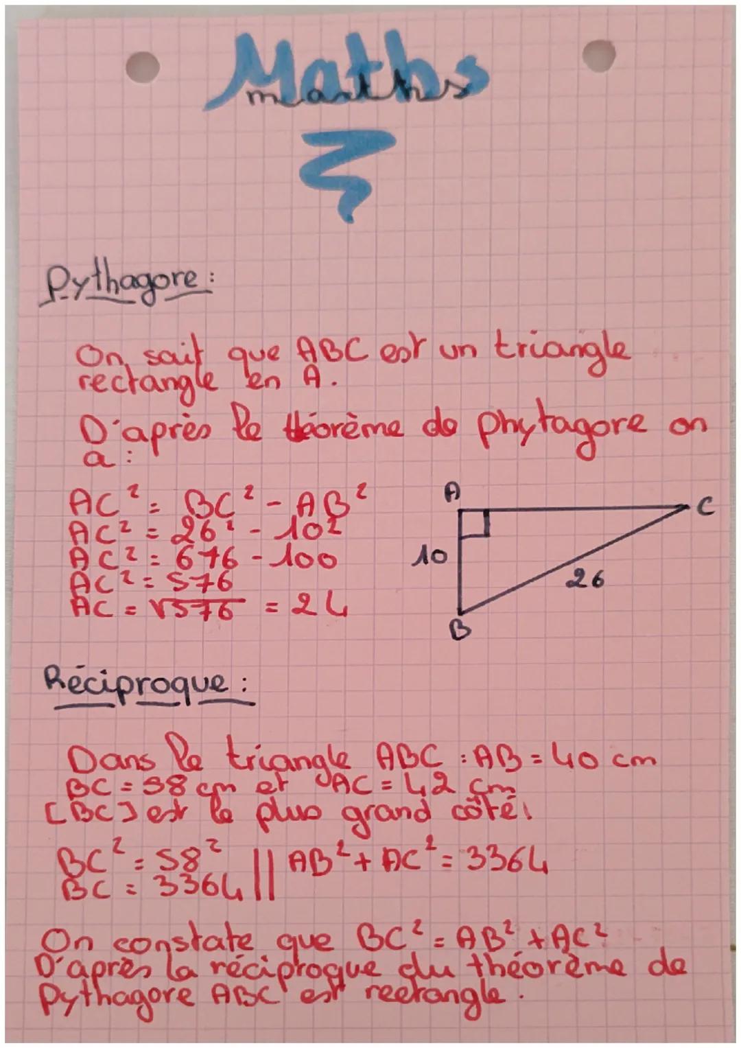 Pythagore
Maths
そ
ABC est un
triangle
On sait que A.
rectangle
D'après le théorème de phytagore
a:
AC² = BC² - AB²
AC² = 26 - 102
AC² = 676-