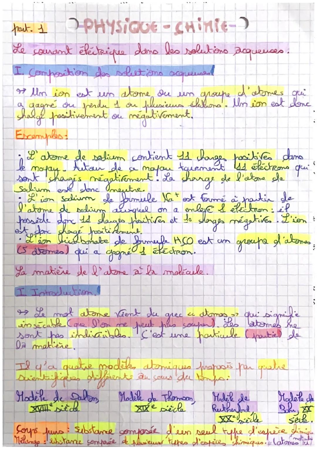 part. 1
) PHYSIQUE-CHinie-)
Le courant électrique dans les solutions acqueuses.
I. Composition des selections acqueusest

» Un ion est un at