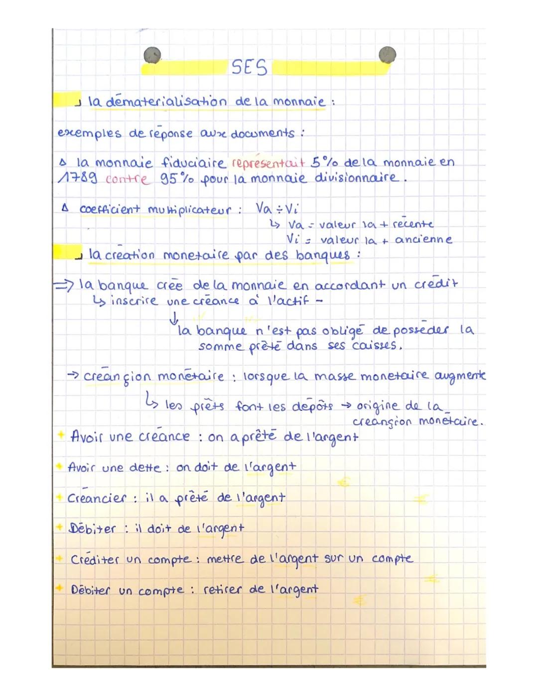 SES
la dematerialisation de la monnaie :
exemples de reponse auxe documents :
A la monnaie fiduciaire representait 5% de la monnaie en
1789 