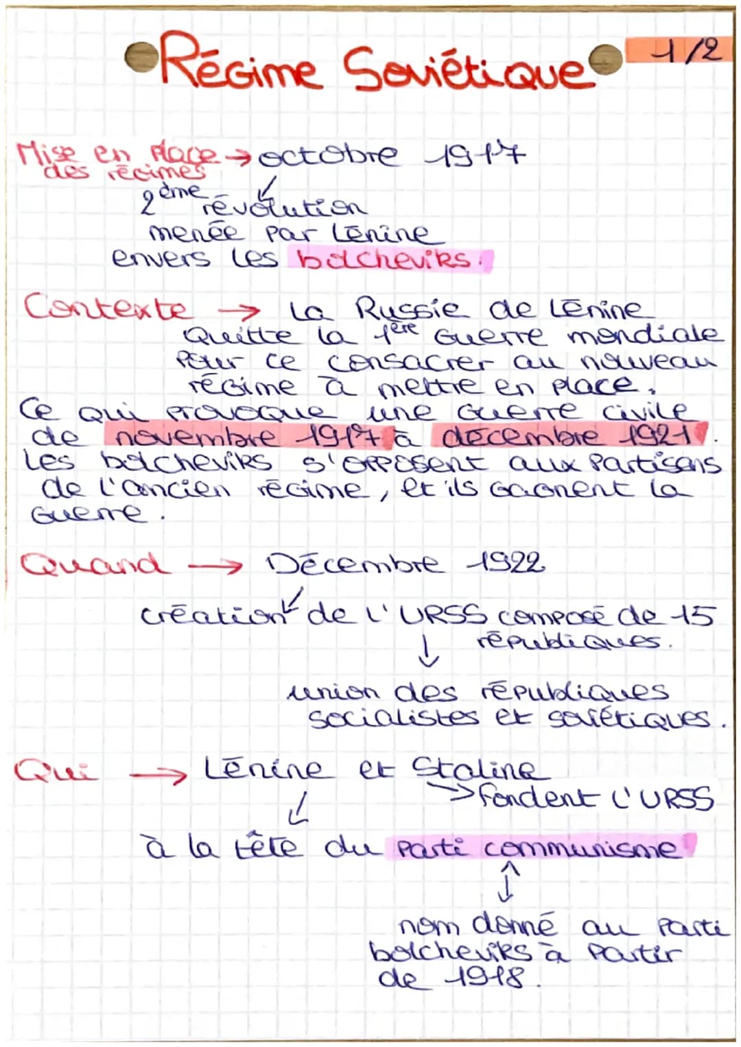 Régime Soviétique 1/2
Mise en place → octobre 1917
des récimes
révolution
menée par Lénine
envers les bolcheviks.
Contexte →→→ la Russie de 
