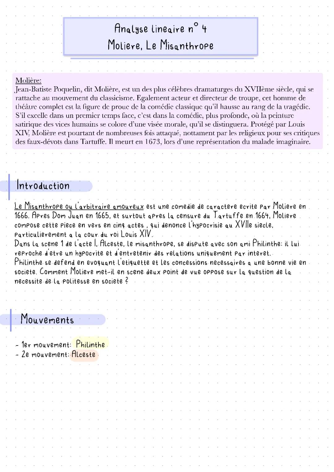 Analyse linéaire Le Misanthrope, Acte 2 scène 4 et acte 1 scène 1