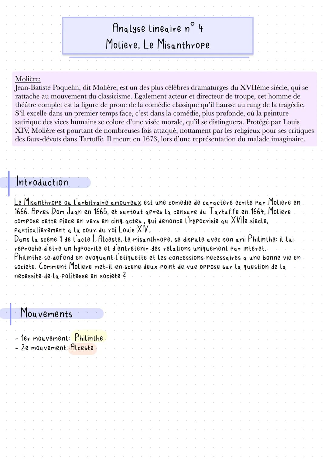Analyse lineaire n° 4
Moliere, Le Misanthrope
Molière:
Jean-Batiste Poquelin, dit Molière, est un des plus célèbres dramaturges du XVIIème s