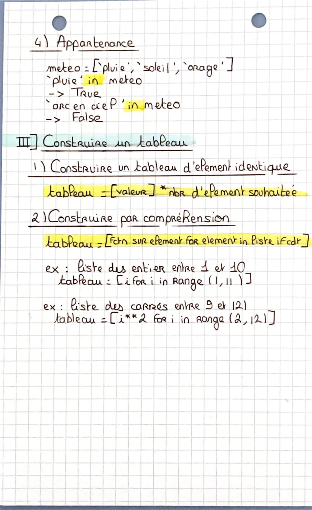 NSI
les tableaux
I] Definition
syntaxe: tableau = ["soleil ", "pluie", ]
type: list
POUR CRER un tableau vide: tableauvide = []
II] Utilisat