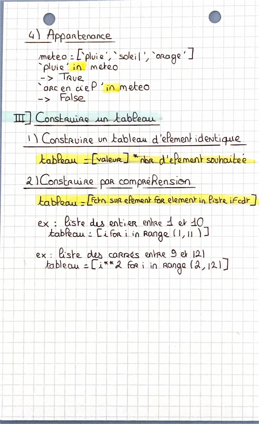 NSI
les tableaux
I] Definition
syntaxe: tableau = ["soleil ", "pluie", ]
type: list
POUR CRER un tableau vide: tableauvide = []
II] Utilisat