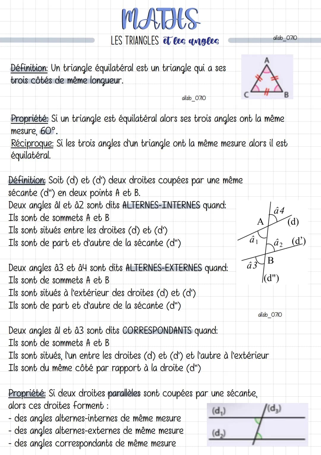 Propriété I: Dans tout triangle, la somme des angles est égale à 180°
Propriété 2: Inégalité triangulaire:
Dans tout triangle constructible,