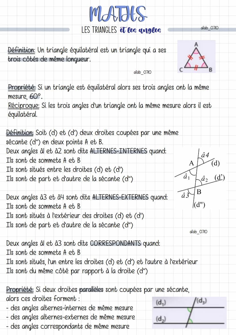 Propriété I: Dans tout triangle, la somme des angles est égale à 180°
Propriété 2: Inégalité triangulaire:
Dans tout triangle constructible,