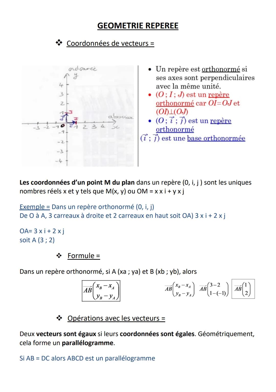 
<p>Les coordonnées de vecteurs correspondent aux nombres réels x et y dans un plan, tels que M(x, y) ou OM = |xi + yj|. Par exemple, dans u