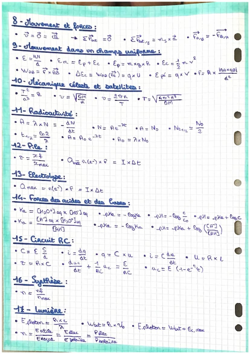 1- Acide-base:
•
pH = -log [H3O+]
°
[H3O+] = 10-H
2-Analyser un système chimique avec des méthodes physiques
• σ = Σx [X]
•
G =
•
σε
× G
S
•