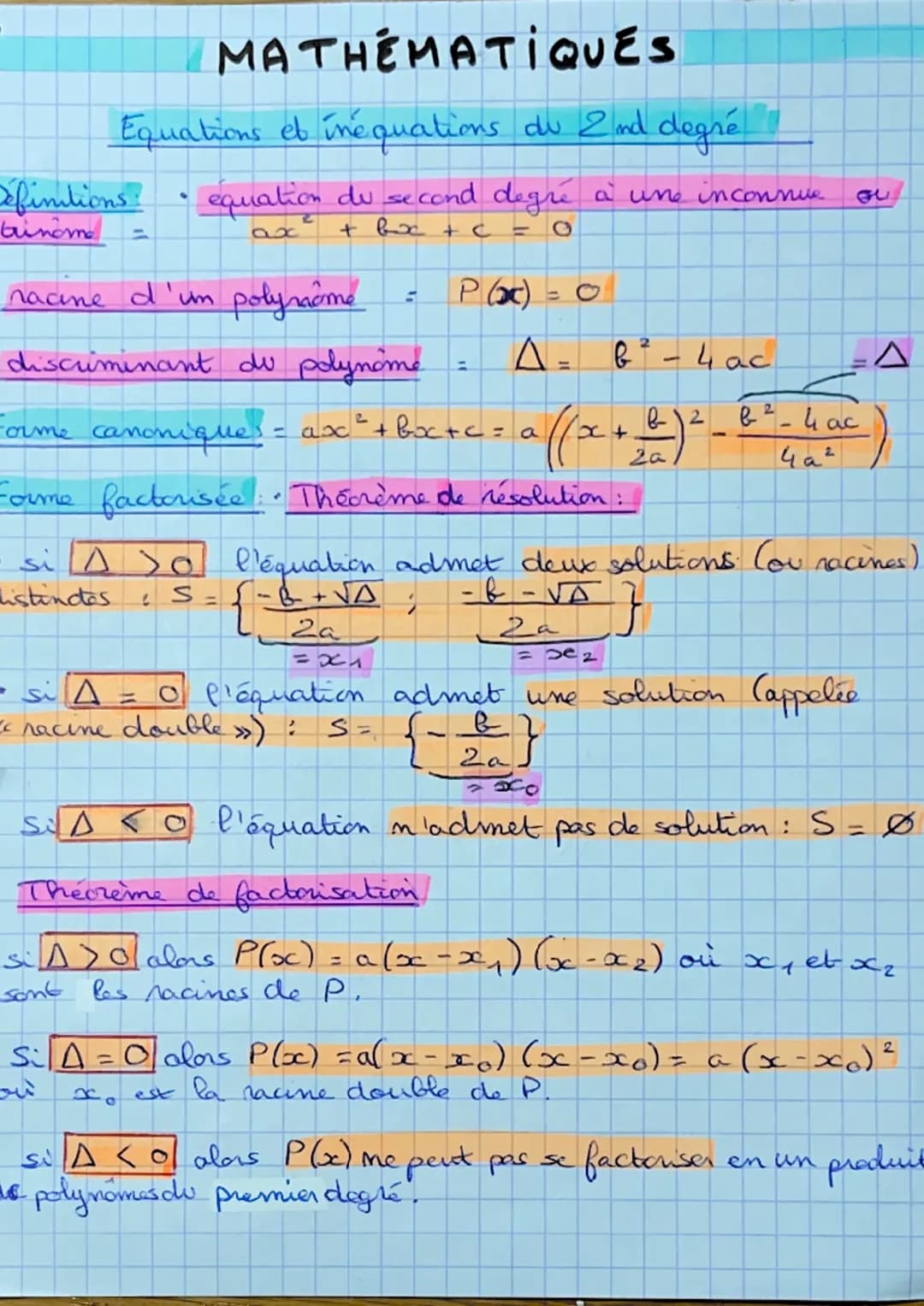 MATHEMATIQUES
Equations et inequations du 2nd degré
Definitions!
brnome
equation du second degré à une inconnue
+bx+c
ax
racine d'un polynom