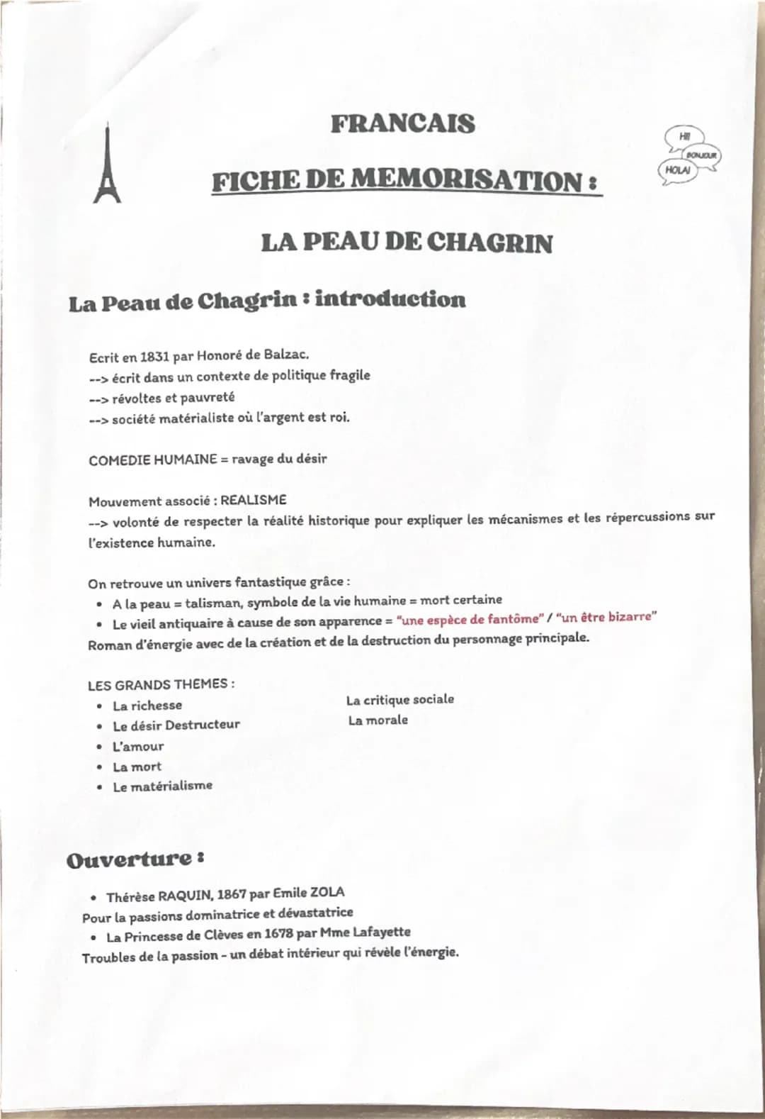 FRANCAIS
FICHE DE MEMORISATION:
LA PEAU DE CHAGRIN
La Peau de Chagrin : introduction
Ecrit en 1831 par Honoré de Balzac.
--> écrit dans un c
