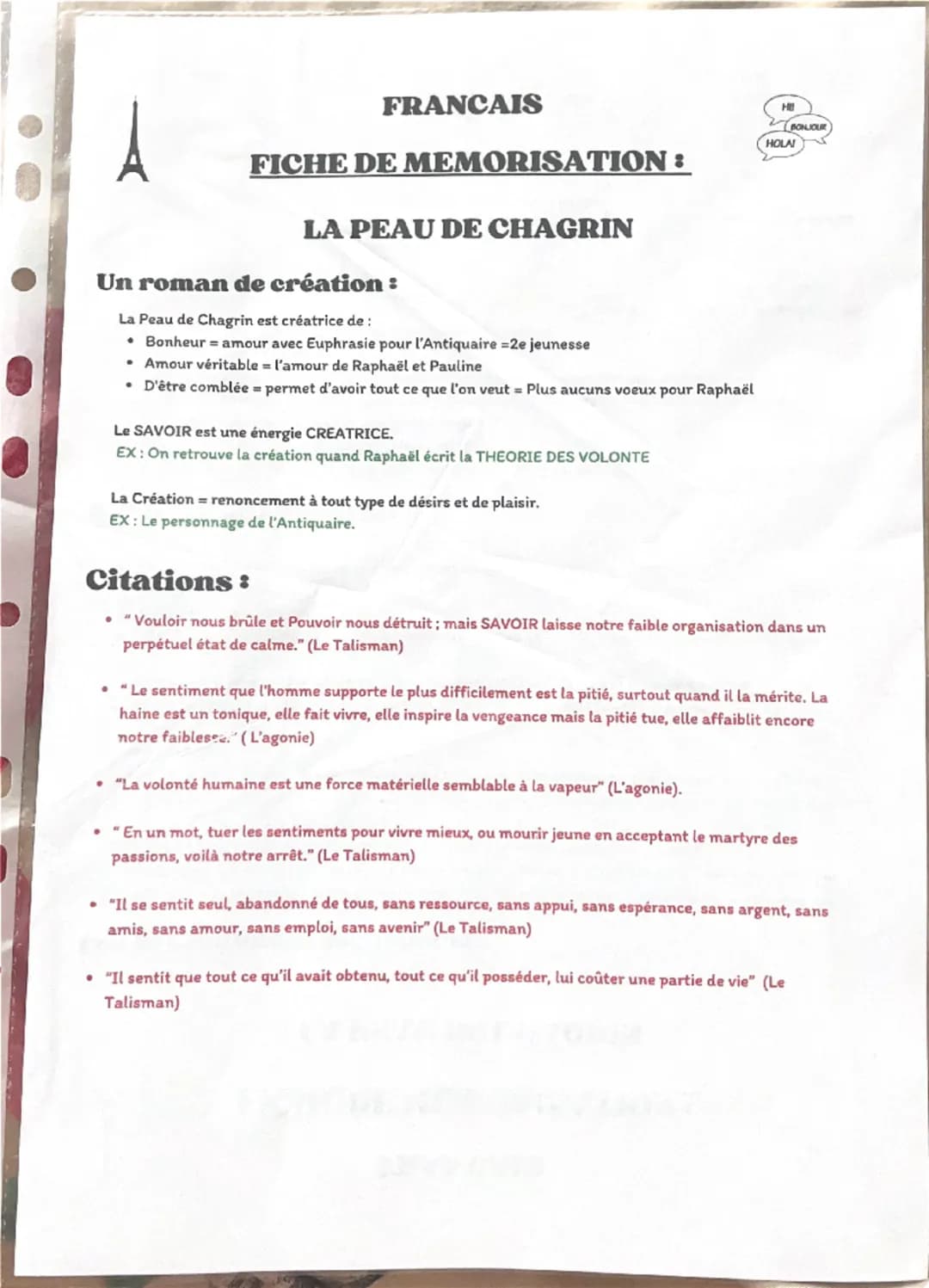 FRANCAIS
FICHE DE MEMORISATION:
LA PEAU DE CHAGRIN
La Peau de Chagrin : introduction
Ecrit en 1831 par Honoré de Balzac.
--> écrit dans un c