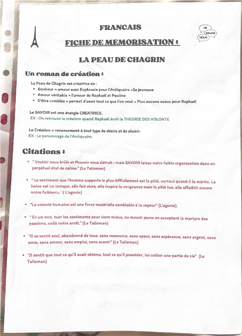 FRANCAIS
FICHE DE MEMORISATION:
LA PEAU DE CHAGRIN
La Peau de Chagrin : introduction
Ecrit en 1831 par Honoré de Balzac.
--> écrit dans un c