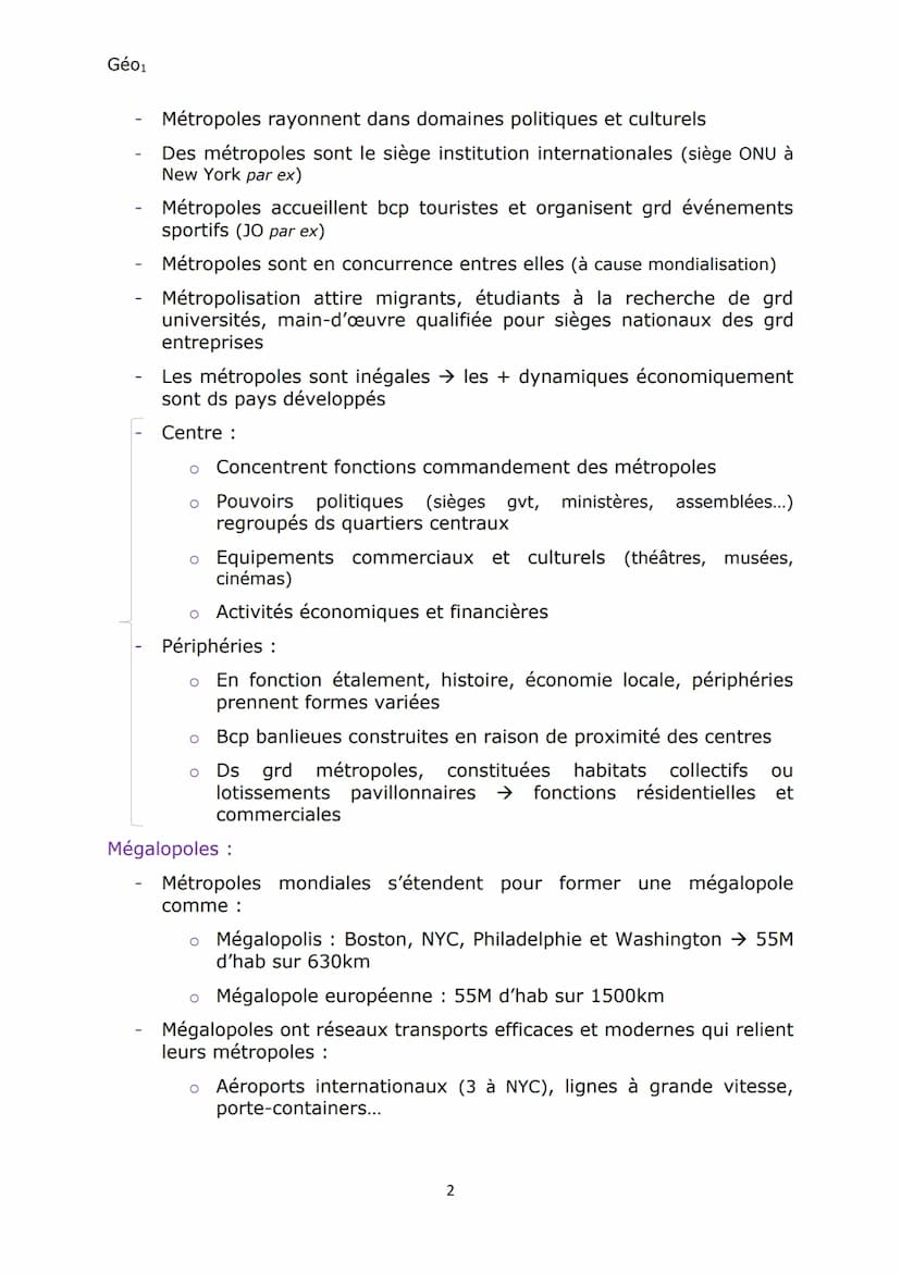 Géo1
Chap3
La métropolisation : un processus mondial
différencié
Définitions :
Métropole Grande ville concentrant la population, les activit