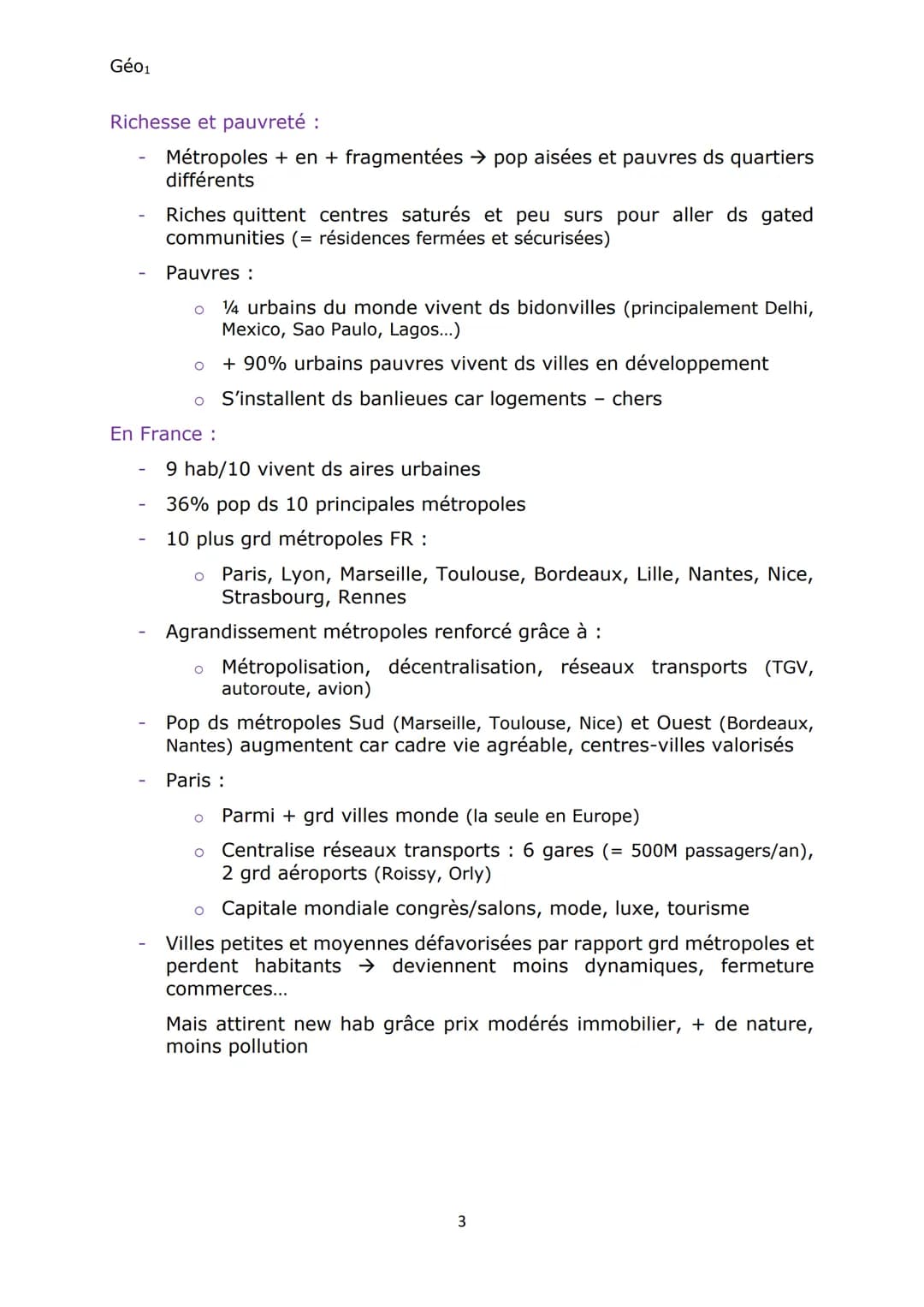 Géo1
Chap3
La métropolisation : un processus mondial
différencié
Définitions :
Métropole Grande ville concentrant la population, les activit