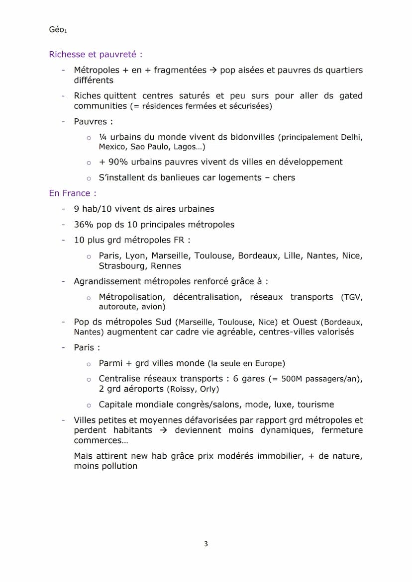 Géo1
Chap3
La métropolisation : un processus mondial
différencié
Définitions :
Métropole Grande ville concentrant la population, les activit